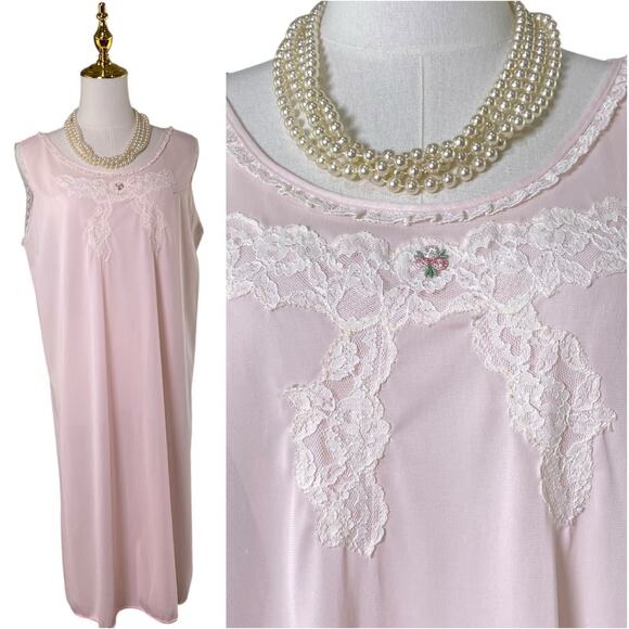 Vintage 60s Pastel Pink Nylon Lace Appliqué Chemise Nightgown Women's Size M/L - Picture 1 of 12